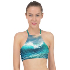 Ai Generated Waves Ocean Sea Tsunami Nautical Painting Racer Front Bikini Top by Ravend