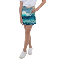 Ai Generated Waves Ocean Sea Tsunami Nautical Painting Kids  Tennis Skirt by Ravend