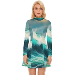 Ai Generated Waves Ocean Sea Tsunami Nautical Painting Long Sleeve Velour Longline Dress by Ravend