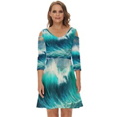 Ai Generated Waves Ocean Sea Tsunami Nautical Painting Shoulder Cut Out Zip Up Dress by Ravend