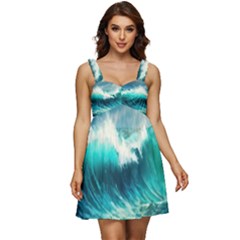 Ai Generated Waves Ocean Sea Tsunami Nautical Painting Ruffle Strap Babydoll Chiffon Dress by Ravend