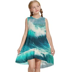 Ai Generated Waves Ocean Sea Tsunami Nautical Painting Kids  Frill Swing Dress by Ravend