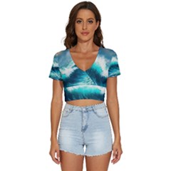 Ai Generated Waves Ocean Sea Tsunami Nautical Painting V-neck Crop Top by Ravend