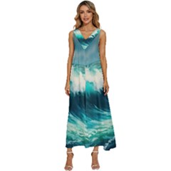 Ai Generated Waves Ocean Sea Tsunami Nautical Painting V-neck Sleeveless Loose Fit Overalls by Ravend