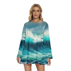 Ai Generated Waves Ocean Sea Tsunami Nautical Painting Round Neck Long Sleeve Bohemian Style Chiffon Mini Dress by Ravend