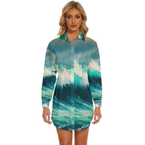 Ai Generated Waves Ocean Sea Tsunami Nautical Painting Womens Long Sleeve Shirt Dress by Ravend