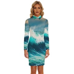 Ai Generated Waves Ocean Sea Tsunami Nautical Painting Long Sleeve Shirt Collar Bodycon Dress by Ravend