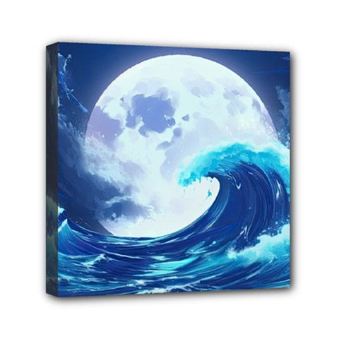 Ai Generated Waves Ocean Sea Tsunami Nautical Blue Mini Canvas 6  X 6  (stretched) by Ravend