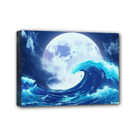 Ai Generated Waves Ocean Sea Tsunami Nautical Blue Mini Canvas 7  X 5  (stretched) by Ravend