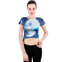 Ai Generated Waves Ocean Sea Tsunami Nautical Blue Crew Neck Crop Top by Ravend