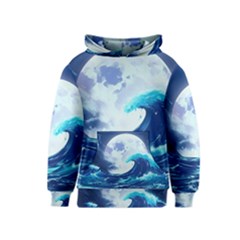 Ai Generated Waves Ocean Sea Tsunami Nautical Blue Kids  Pullover Hoodie by Ravend