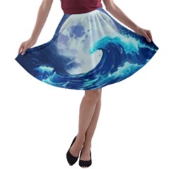 Ai Generated Waves Ocean Sea Tsunami Nautical Blue A-line Skater Skirt by Ravend