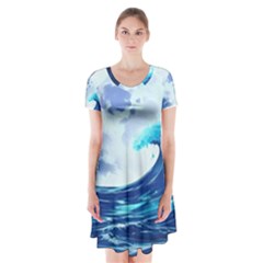 Ai Generated Waves Ocean Sea Tsunami Nautical Blue Short Sleeve V-neck Flare Dress by Ravend