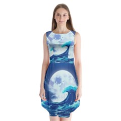 Ai Generated Waves Ocean Sea Tsunami Nautical Blue Sleeveless Chiffon Dress   by Ravend