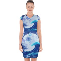 Ai Generated Waves Ocean Sea Tsunami Nautical Blue Capsleeve Drawstring Dress  by Ravend