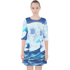 Ai Generated Waves Ocean Sea Tsunami Nautical Blue Quarter Sleeve Pocket Dress by Ravend