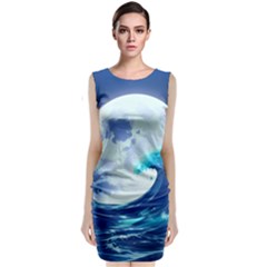 Ai Generated Waves Ocean Sea Tsunami Nautical Blue Sleeveless Velvet Midi Dress by Ravend