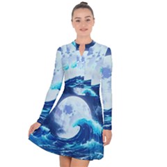 Ai Generated Waves Ocean Sea Tsunami Nautical Blue Long Sleeve Panel Dress by Ravend