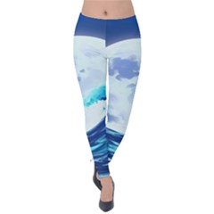 Ai Generated Waves Ocean Sea Tsunami Nautical Blue Velvet Leggings by Ravend