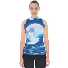 Ai Generated Waves Ocean Sea Tsunami Nautical Blue Mock Neck Shell Top by Ravend