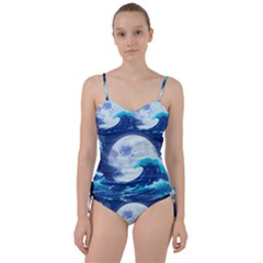 Ai Generated Waves Ocean Sea Tsunami Nautical Blue Sweetheart Tankini Set by Ravend