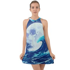 Ai Generated Waves Ocean Sea Tsunami Nautical Blue Halter Tie Back Chiffon Dress by Ravend