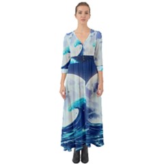 Ai Generated Waves Ocean Sea Tsunami Nautical Blue Button Up Boho Maxi Dress by Ravend