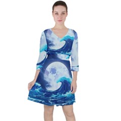 Ai Generated Waves Ocean Sea Tsunami Nautical Blue Quarter Sleeve Ruffle Waist Dress by Ravend