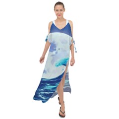 Ai Generated Waves Ocean Sea Tsunami Nautical Blue Maxi Chiffon Cover Up Dress by Ravend