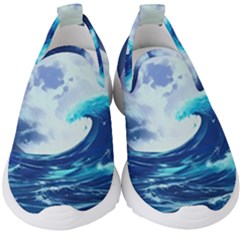 Ai Generated Waves Ocean Sea Tsunami Nautical Blue Kids  Slip On Sneakers by Ravend