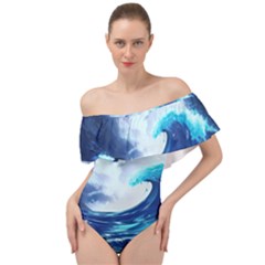 Ai Generated Waves Ocean Sea Tsunami Nautical Blue Off Shoulder Velour Bodysuit  by Ravend