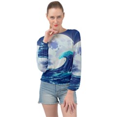 Ai Generated Waves Ocean Sea Tsunami Nautical Blue Banded Bottom Chiffon Top by Ravend