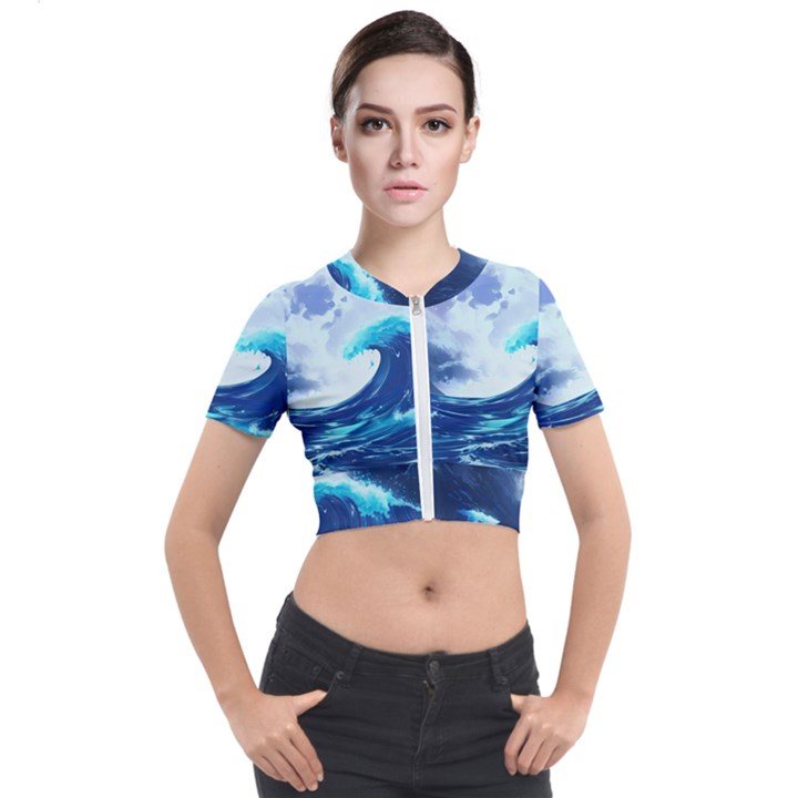 Ai Generated Waves Ocean Sea Tsunami Nautical Blue Short Sleeve Cropped Jacket