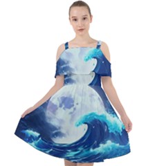 Ai Generated Waves Ocean Sea Tsunami Nautical Blue Cut Out Shoulders Chiffon Dress by Ravend