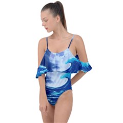 Ai Generated Waves Ocean Sea Tsunami Nautical Blue Drape Piece Swimsuit by Ravend