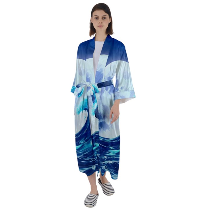 Ai Generated Waves Ocean Sea Tsunami Nautical Blue Maxi Satin Kimono