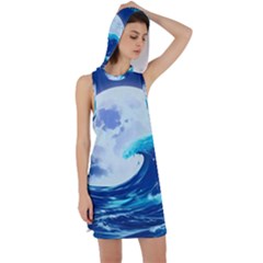 Ai Generated Waves Ocean Sea Tsunami Nautical Blue Racer Back Hoodie Dress by Ravend