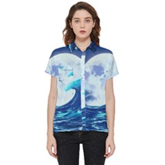 Ai Generated Waves Ocean Sea Tsunami Nautical Blue Short Sleeve Pocket Shirt by Ravend