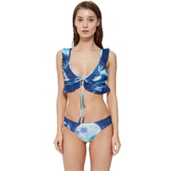 Ai Generated Waves Ocean Sea Tsunami Nautical Blue Low Cut Ruffle Edge Bikini Set by Ravend