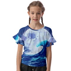 Ai Generated Waves Ocean Sea Tsunami Nautical Blue Kids  Cut Out Flutter Sleeves by Ravend