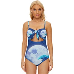 Ai Generated Waves Ocean Sea Tsunami Nautical Blue Knot Front One-piece Swimsuit by Ravend