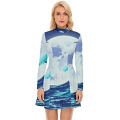 Ai Generated Waves Ocean Sea Tsunami Nautical Blue Long Sleeve Velour Longline Dress by Ravend