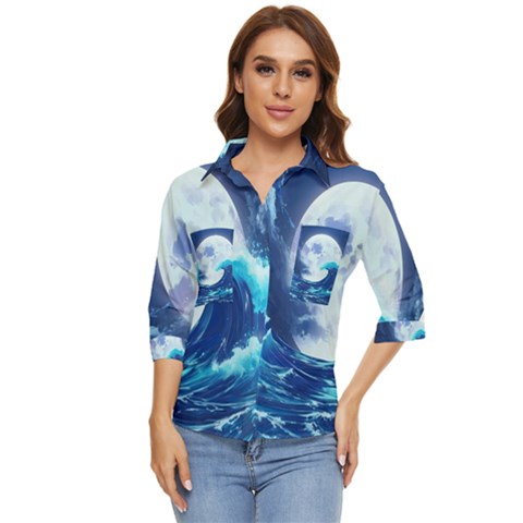 Ai Generated Waves Ocean Sea Tsunami Nautical Blue Women s Quarter Sleeve Pocket Shirt by Ravend