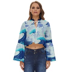 Ai Generated Waves Ocean Sea Tsunami Nautical Blue Boho Long Bell Sleeve Top by Ravend