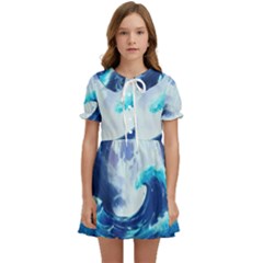 Ai Generated Waves Ocean Sea Tsunami Nautical Blue Kids  Sweet Collar Dress by Ravend