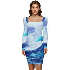 Ai Generated Waves Ocean Sea Tsunami Nautical Blue Women Long Sleeve Ruched Stretch Jersey Dress by Ravend