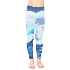 Ai Generated Waves Ocean Sea Tsunami Nautical Blue Kids  Classic Winter Leggings by Ravend