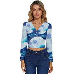 Ai Generated Waves Ocean Sea Tsunami Nautical Blue Long Sleeve V-neck Top by Ravend