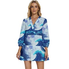 Ai Generated Waves Ocean Sea Tsunami Nautical Blue V-neck Placket Mini Dress by Ravend