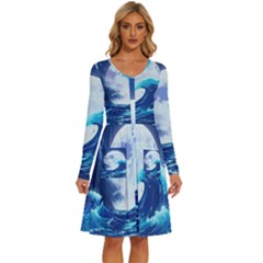 Ai Generated Waves Ocean Sea Tsunami Nautical Blue Long Sleeve Dress With Pocket by Ravend